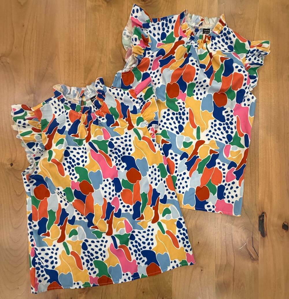 SHEIN Sleeveless Ruffle Mock Neck Abstract Print Tops, Set of 2, XS